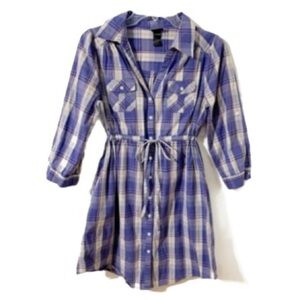 H & M Button Front Plaid Pointed Collar Shirt Dress Drawstring Waist Tie Pockets